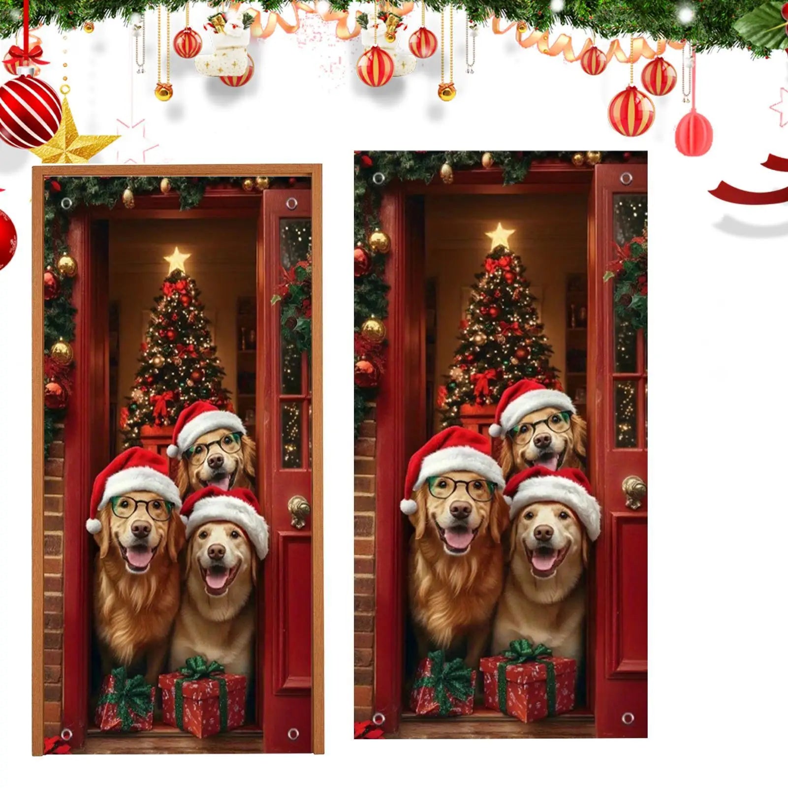 NEW Christmas Front Door Decoration Cover 2D Winter Holiday Party Background Christmas Door Wrap For Indoor Outdoor Home Kitchen Qme