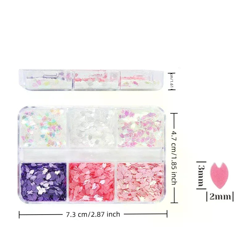 6 Grids Shining Flower Petal Chip Nail Sequins Cherry Blossoms Qme