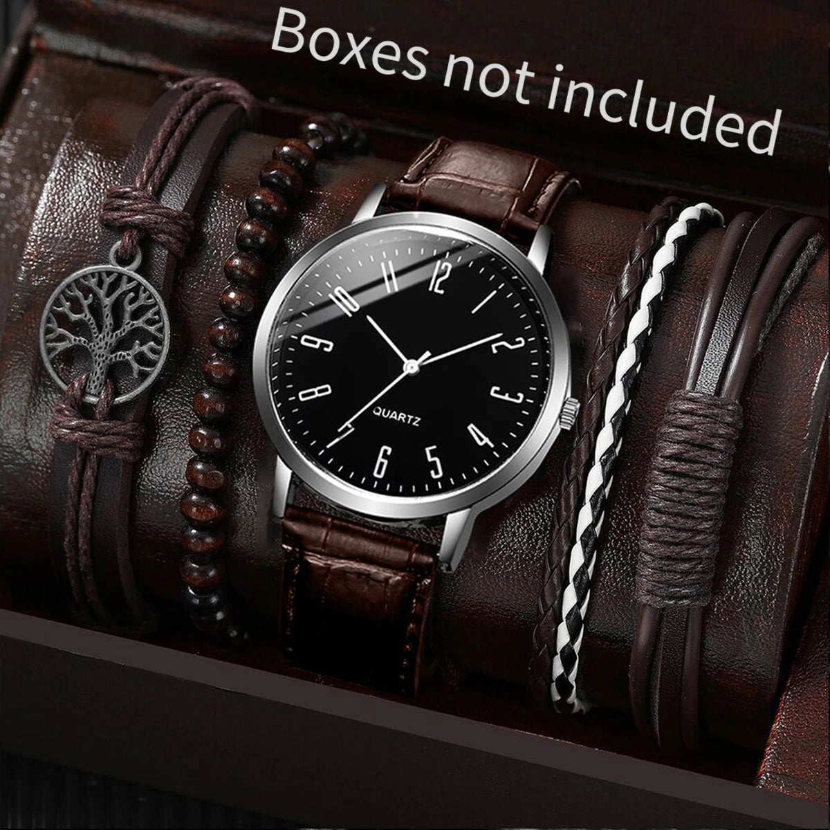 4/5PCS Fashion Men's Watches Bracelets Set Casual Arabic Dial Leather Strap Quartz Wristwatch Reloj Hombre（Without Box） Qme Brown A Without Box