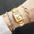 Luxury Gold Tone Women Watch Set Roman Numeral Square Dial Quartz Wristwatch with 3pcs Crystal Bracelets Female Jewelry Gift Set Qme 4PCS Set Without Box