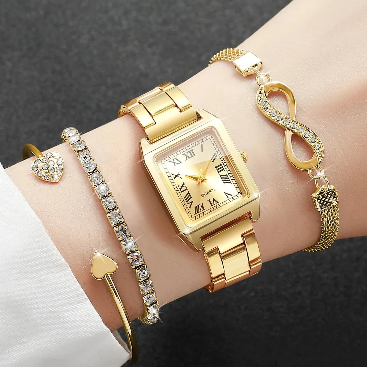 Luxury Gold Tone Women Watch Set Roman Numeral Square Dial Quartz Wristwatch with 3pcs Crystal Bracelets Female Jewelry Gift Set Qme 4PCS Set Without Box