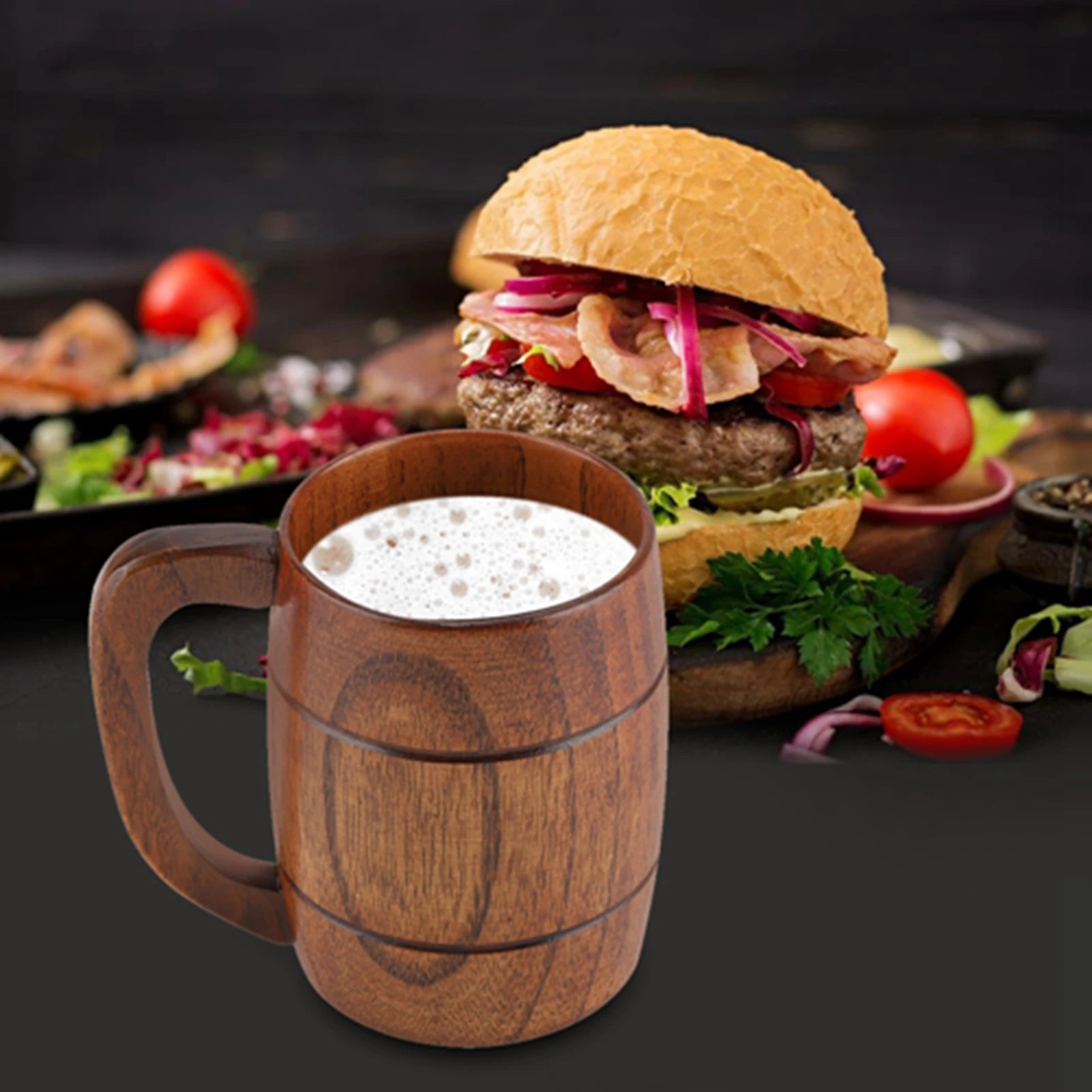 Natural Wooden Beer Cup with Handle Retro 300-400ml Capacity Wood Drinking Mug for Beer Tea Water Home Bar Kitchen Qme