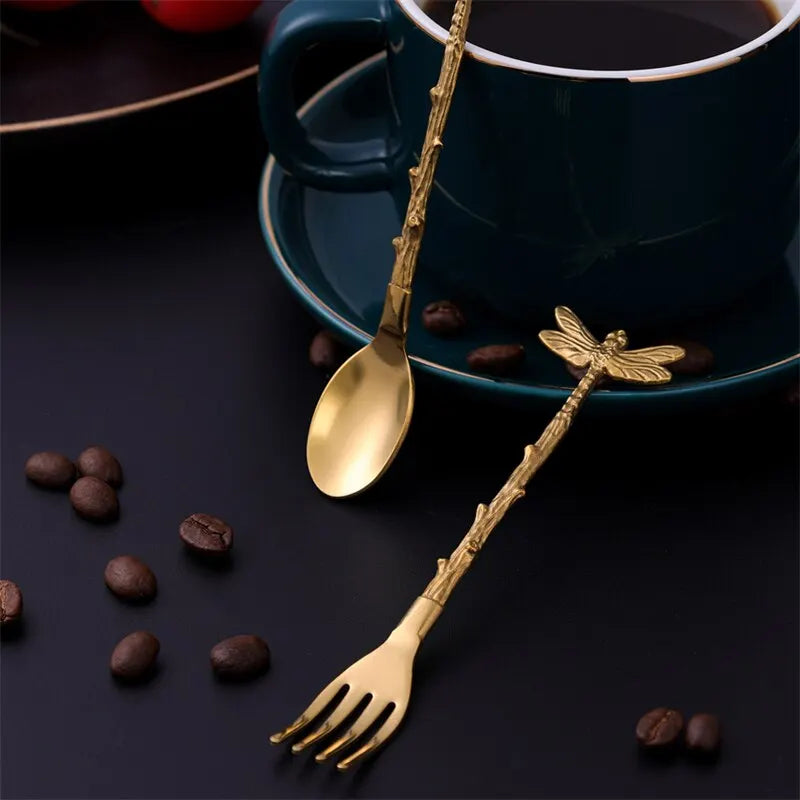 6pcs Stainless Steel Vintage Forest Style Coffee Spoon Dessert Spoon Dragonfly Branch Spoon Gift Craft Ice Cream Fork Spoon Set Qme