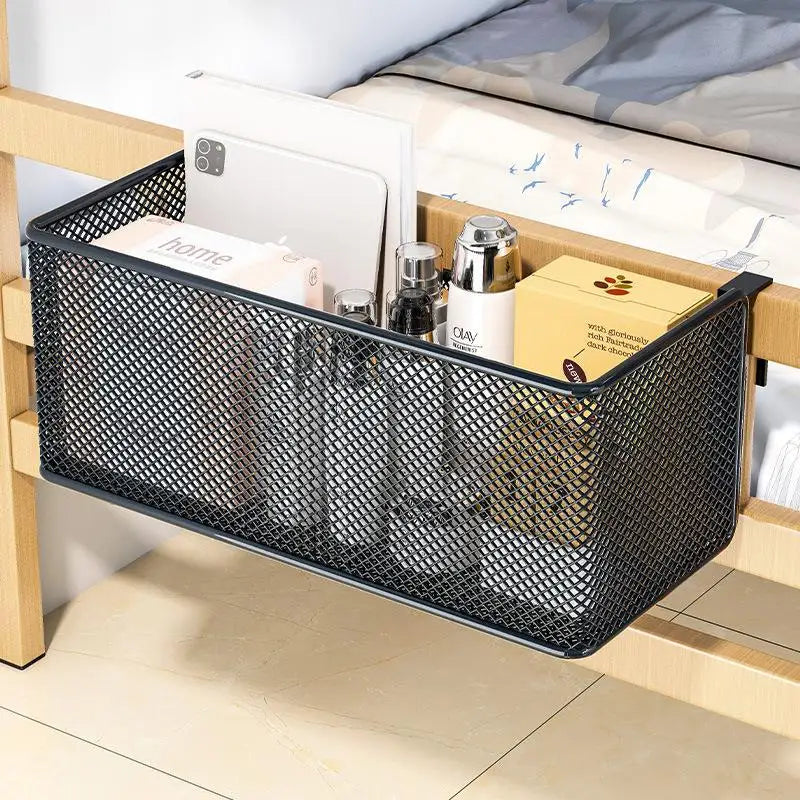 Bedside Hanging Storage Basket Space Saving Multifunctional Metal Bedside Shelf For Hotel Office Dorm Bed & Bunk Bed Bedroom Qme Black