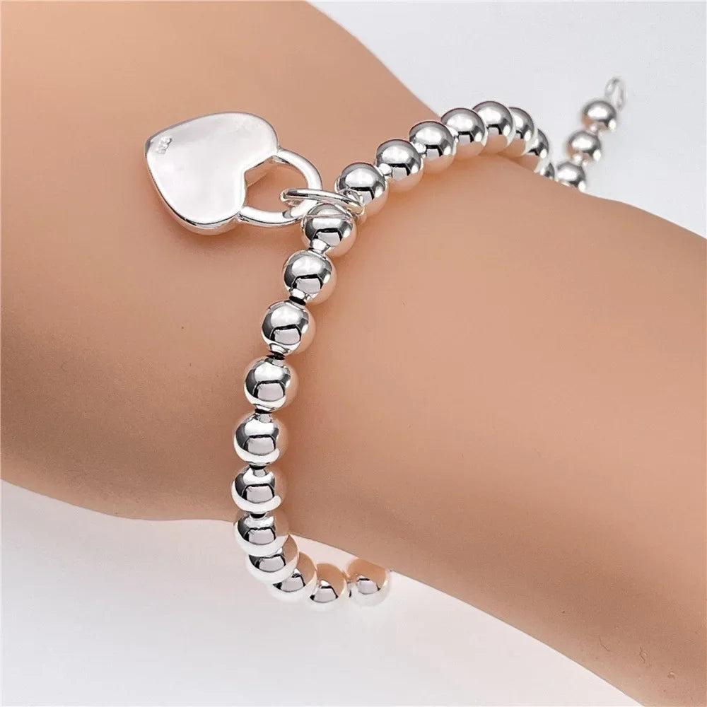 New 925 Sterling Silver Charm 6MM Beads Chain Heart Bracelet for Women Fashion Party Wedding Jewelry Couple Gifts Qme 20cm 8inches