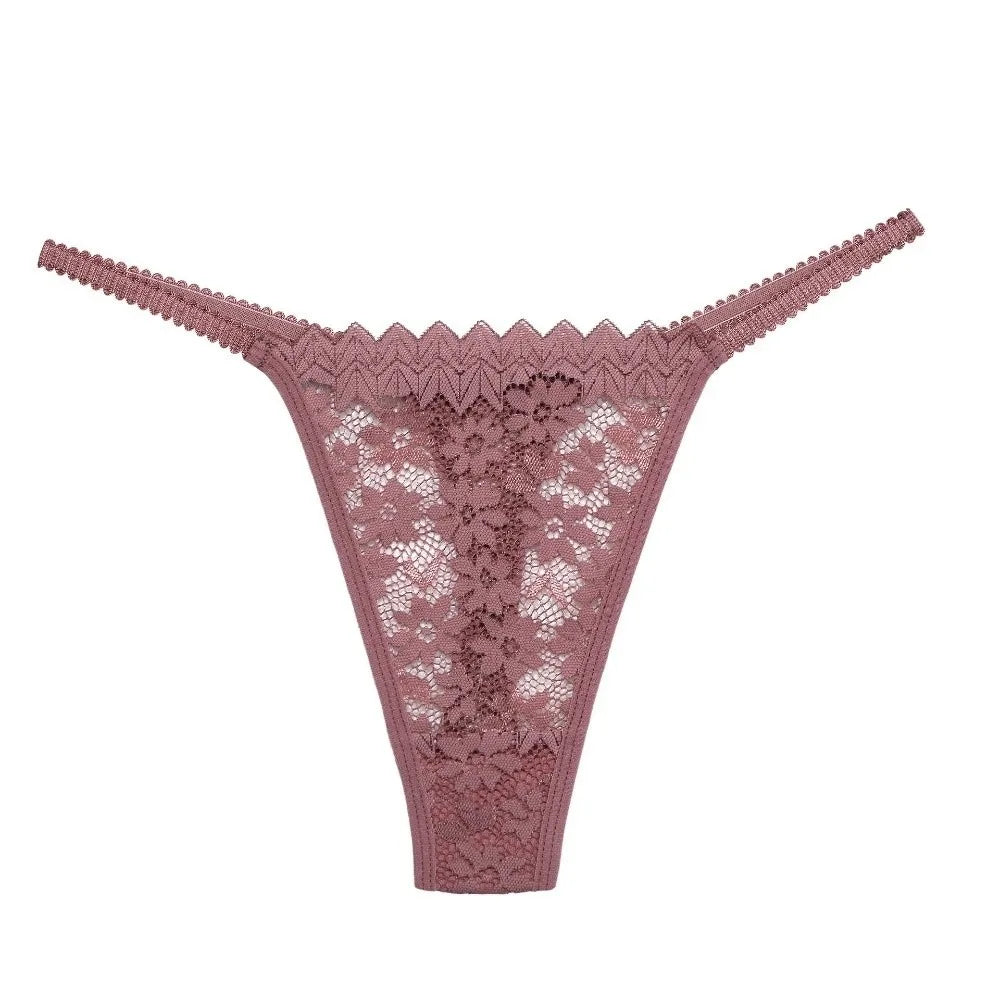 Breathable Mesh Lace Thong Women Low Waist Transparent Flower Briefs Qme Khaki L 1pc