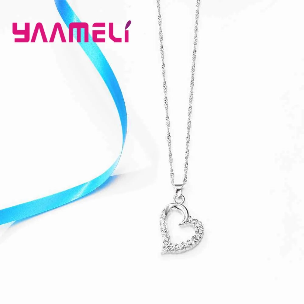 Birthday Valentines Gift Cubic Zircon Heart Pendant Jewelry Set 925 Sterling Silver Color Necklace Earring Women Wedding Sets Qme