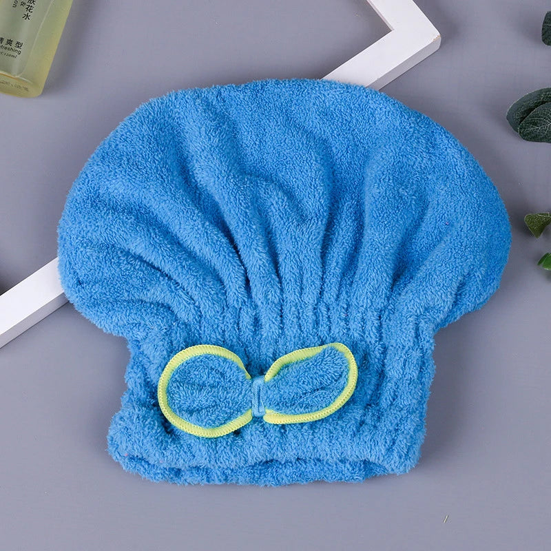 Microfibre Quick Hair Drying Bath Spa Bowknot Wrap Towel Hat Cap Qme Blue