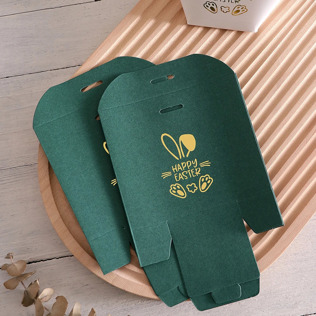 5Pcs Happy Easter Mini Gift Boxes with Bunny and Paw Print Design, Green Packaging with Gold Foil'Happy Easter' Message, Satin Qme