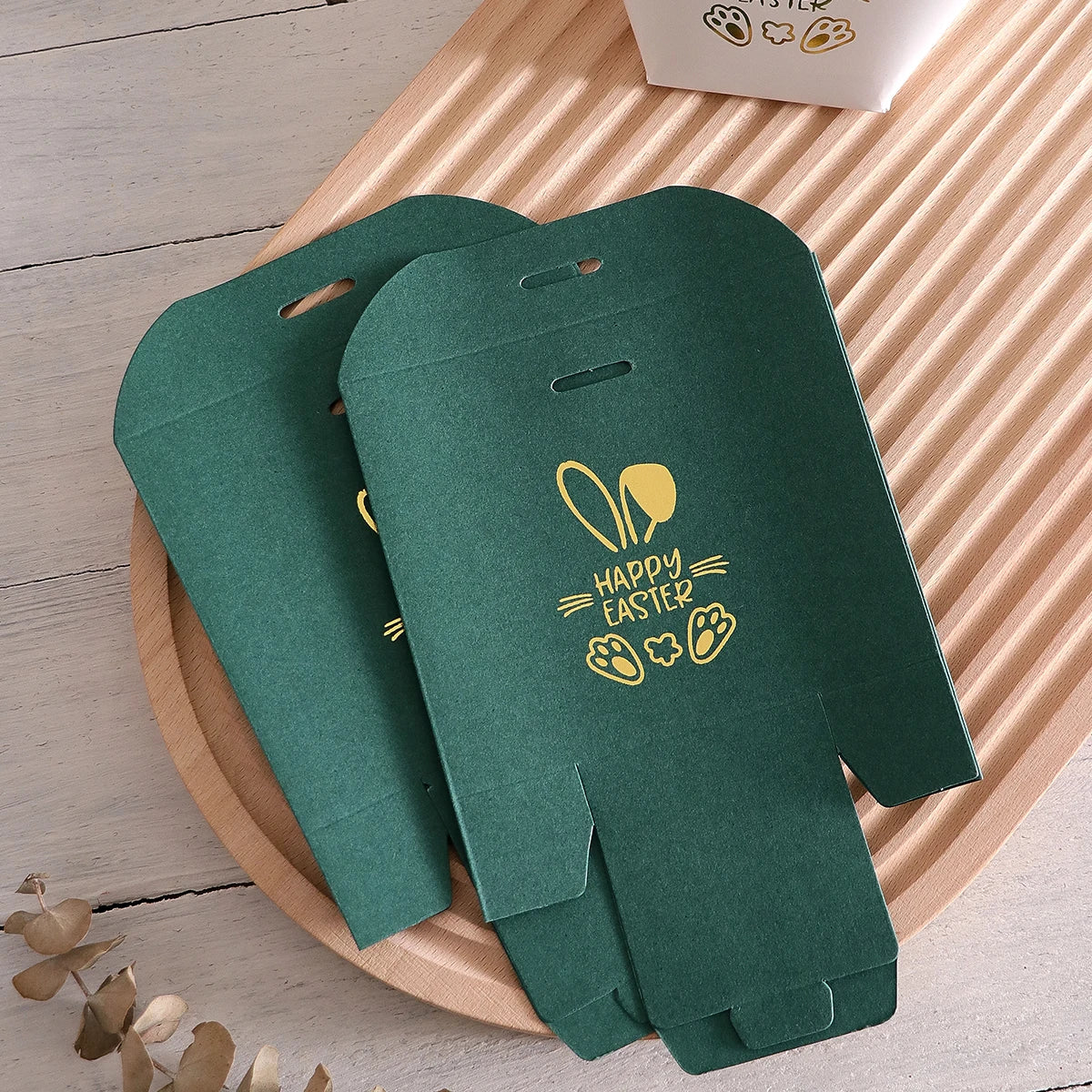 5Pcs Happy Easter Mini Gift Boxes with Bunny and Paw Print Design, Green Packaging with Gold Foil'Happy Easter' Message, Satin Qme