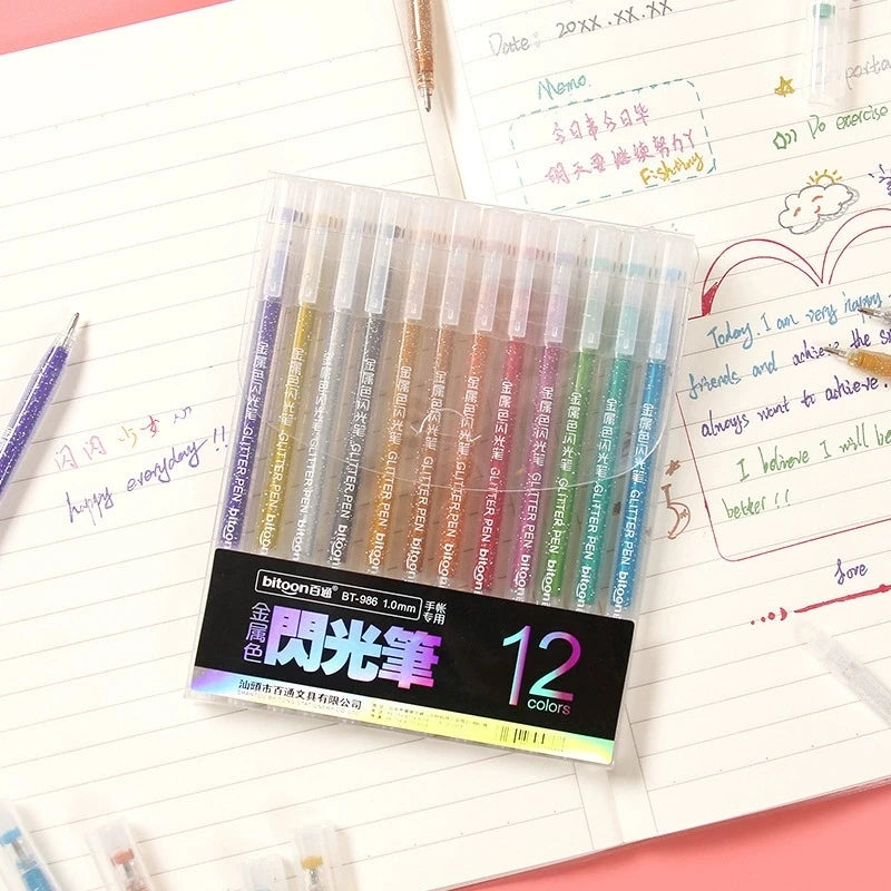 Metallic Glitter Gel Pens - Pens For Scrapbook, Journals or Drawing DIY Projects - Colored Metallic 1.0mm Ink - 12 Pack Qme
