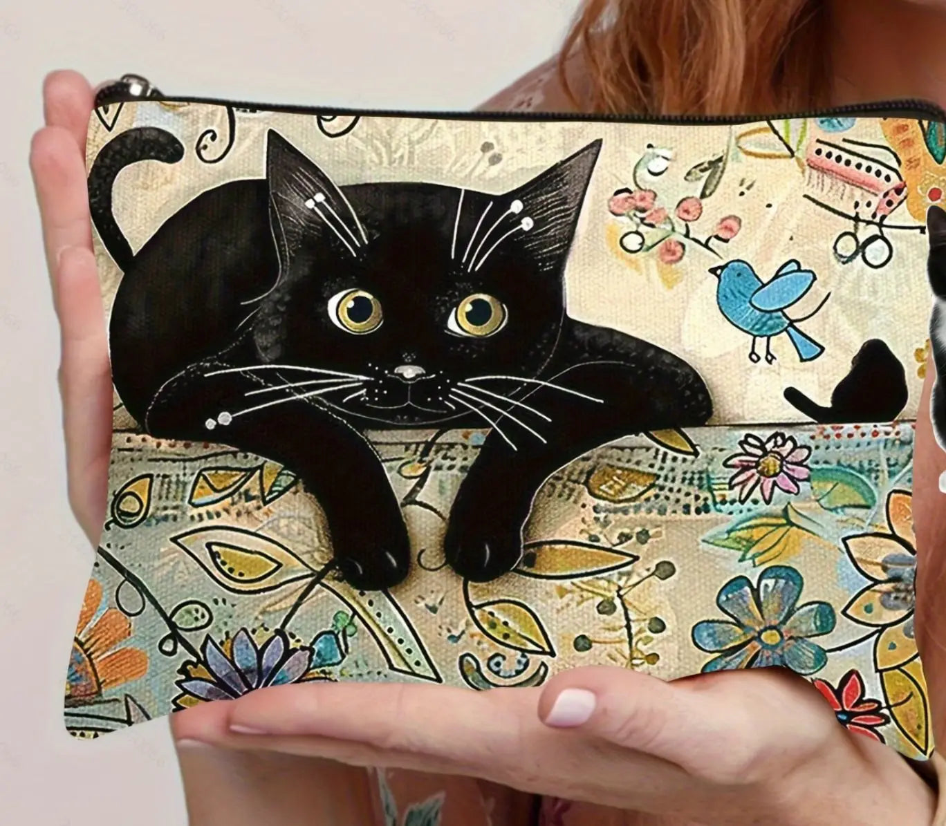 Stylish Black Cat Pattern Cosmetic Bag Water-resistant Polyester Zip Qme B M