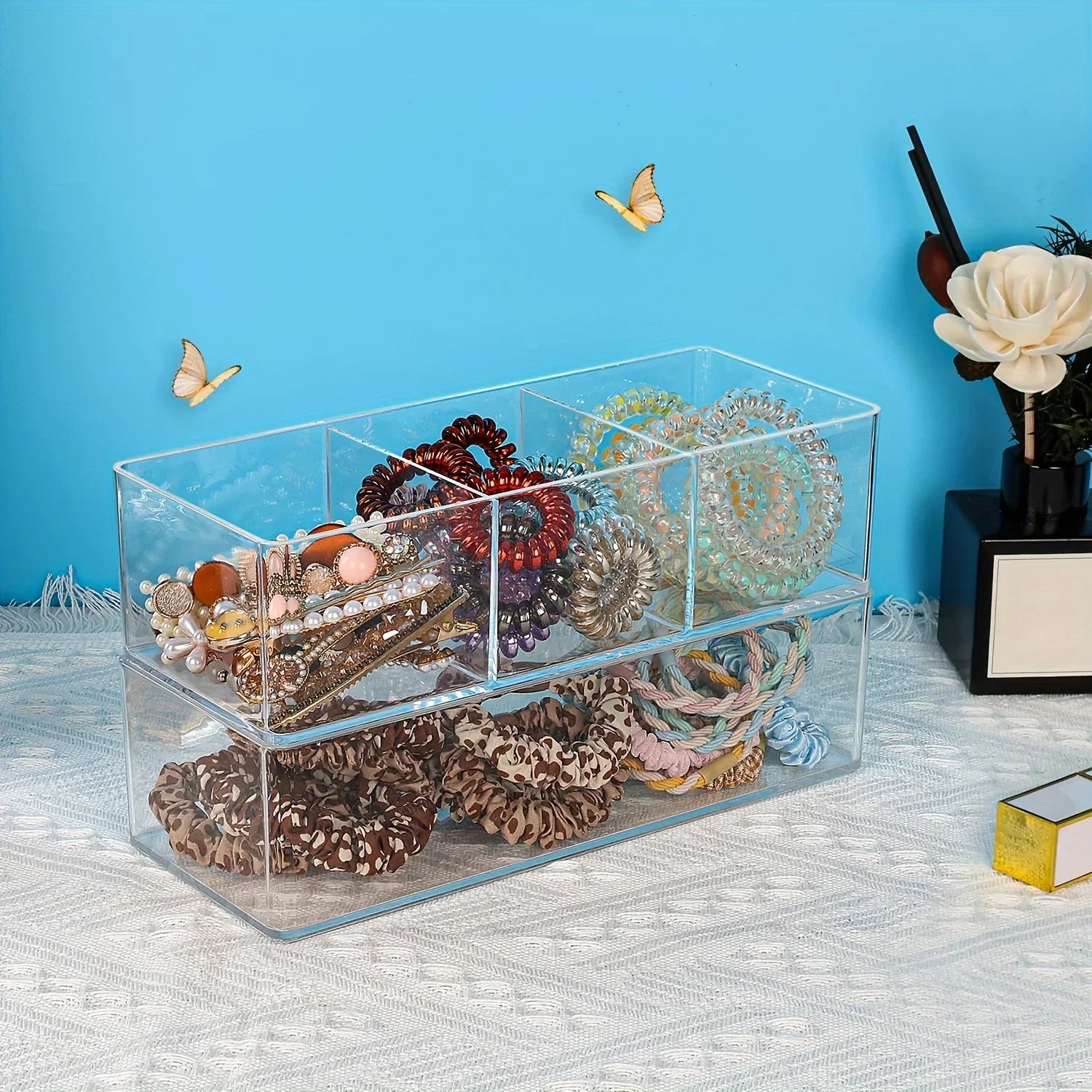 Three-compartment makeup storage box - Stackable makeup storage drawers, suitable for dressing tables, bathrooms and kitchen Qme
