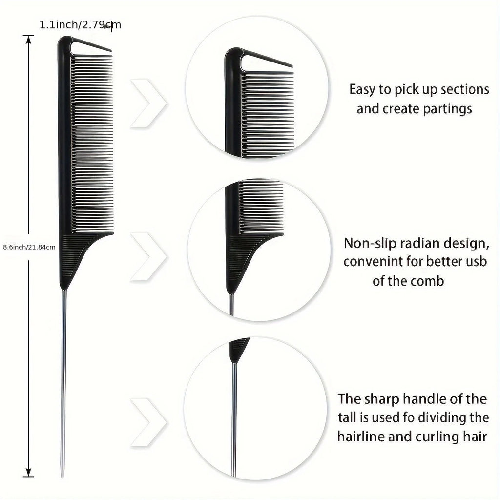 5Pcs Carbon Anti-Static Rat Tail Combs, Metal Pin Tail Comb For Hair Styling, Parting, Teasing Qme