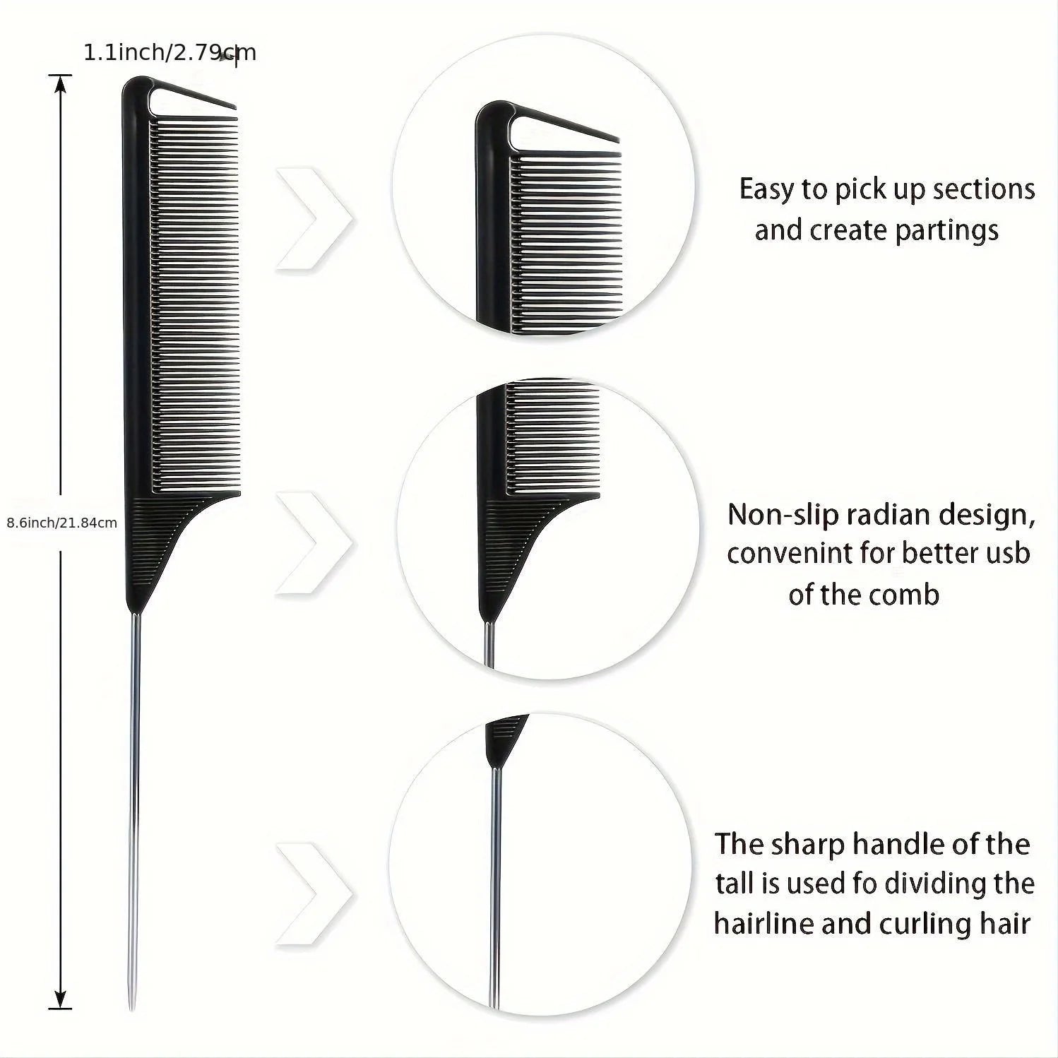 5Pcs Carbon Anti-Static Rat Tail Combs, Metal Pin Tail Comb For Hair Styling, Parting, Teasing Qme