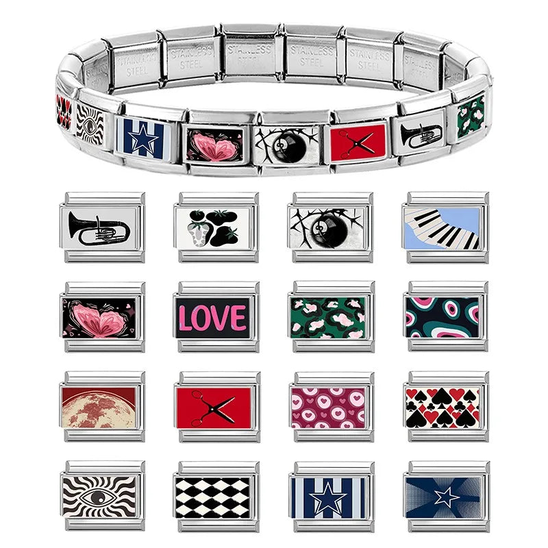 2026 Wholesale Black Stars Strawberry Red Heart Charm Bracelet Fit 9mm Bracelet Stainless Steel Italian Links Making DIY Jewelry Qme