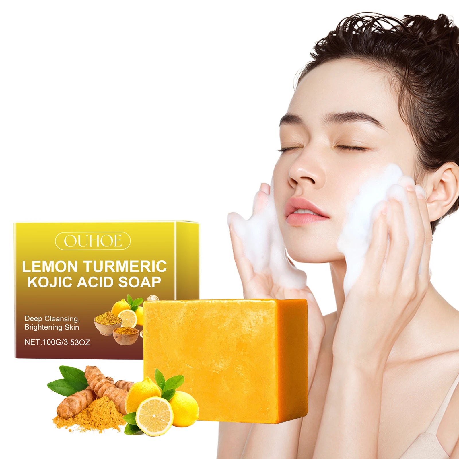 Lemon Turmeric Kojic Acid Soap Brightening Deeply Cleansing Glowing Body Rejuvenating Exfoliating Even Skin Tone Handmade Soap Qme