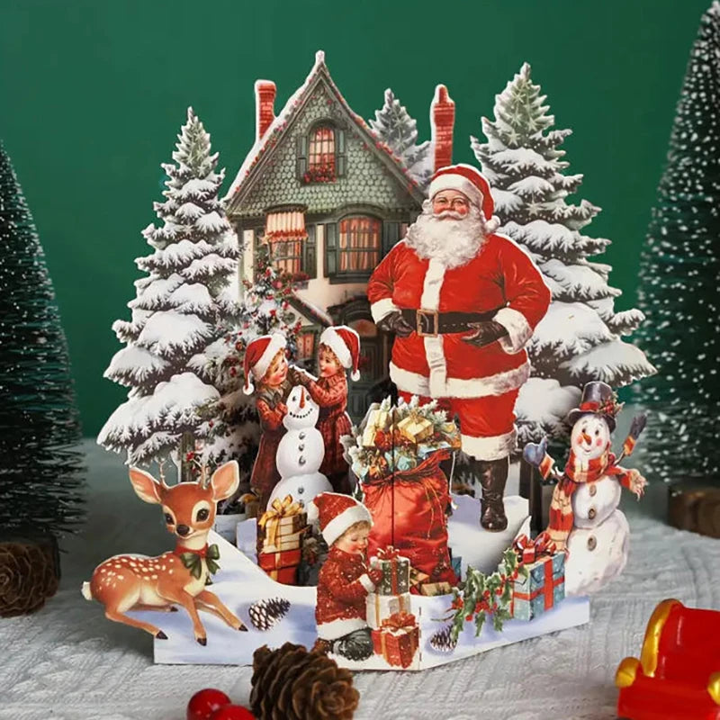 3D Christmas Card Night Before Scene Santa Reindeer Snowy Village Qme