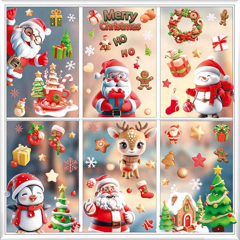 Christmas Window Electrostatic Stickers Snowflakes Reindeer Santa Claus Double Sided Printing Wall Christmas Sticker Decorations Qme
