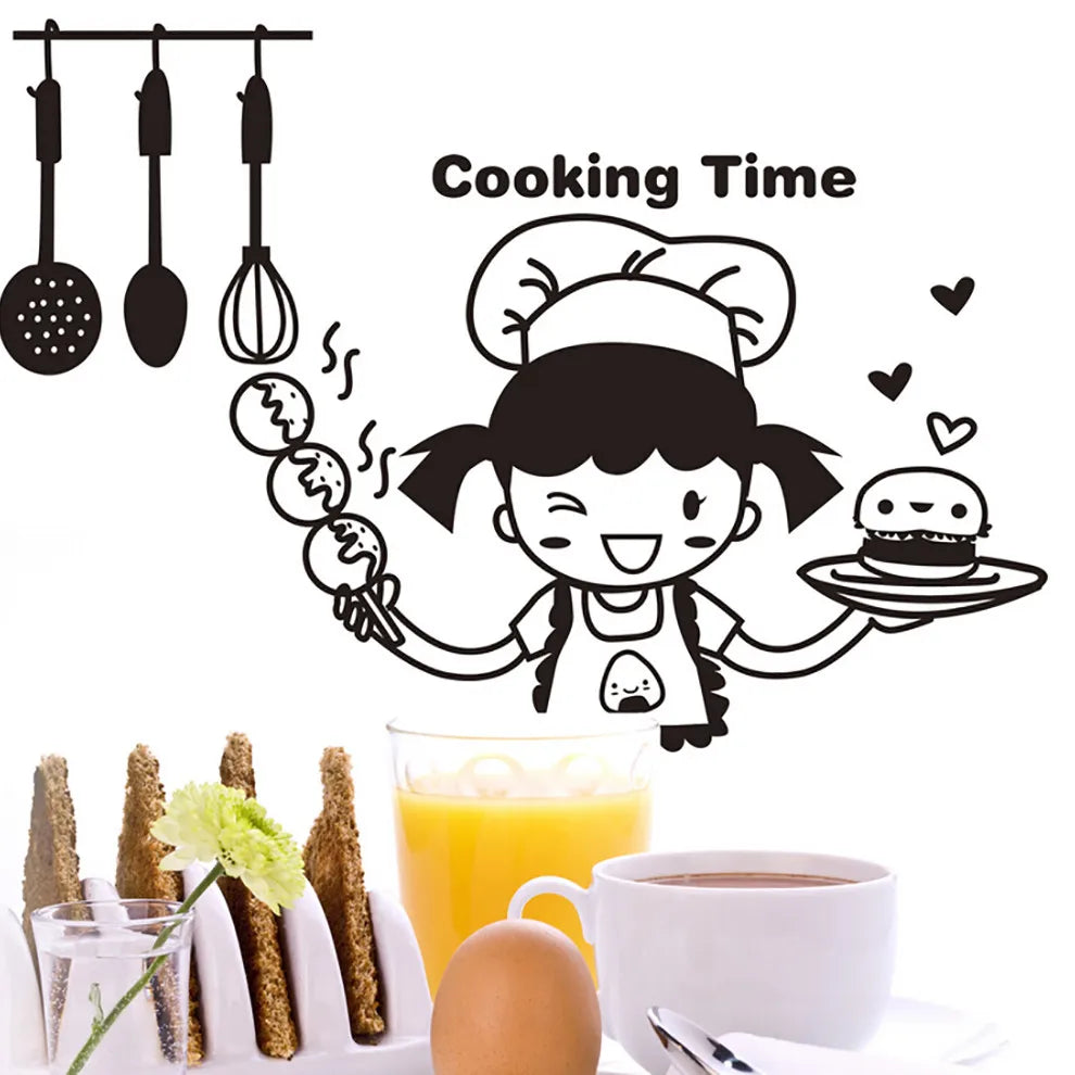 Happy Girl Chef Loves Cooking Wall Sticker Restaurant Bar Kitchen Dining Room Fridge Light Switch Decal DIY Art Home Decor Qme