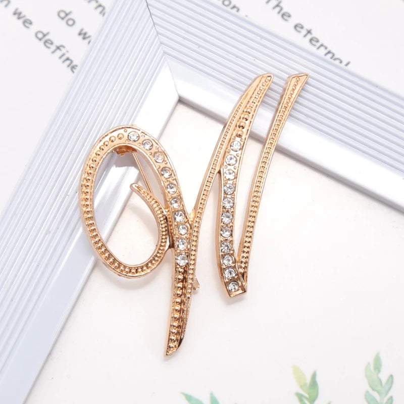 Women Luxury Letter Brooch Pins Gold Rhinestones Crystal English