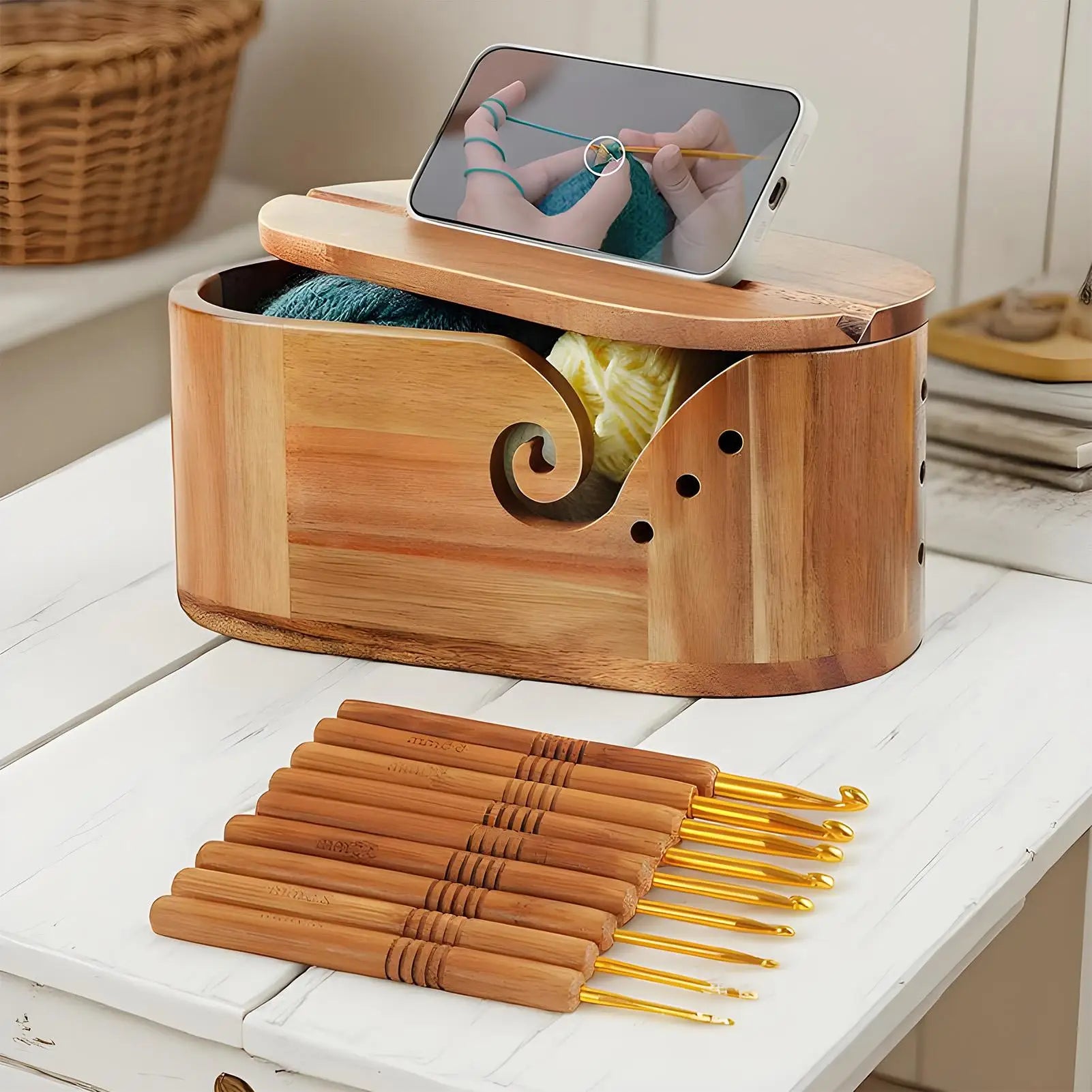 Yarn Bowl Knitting Wooden Lidded Thread Storage Double Curling Holder Qme