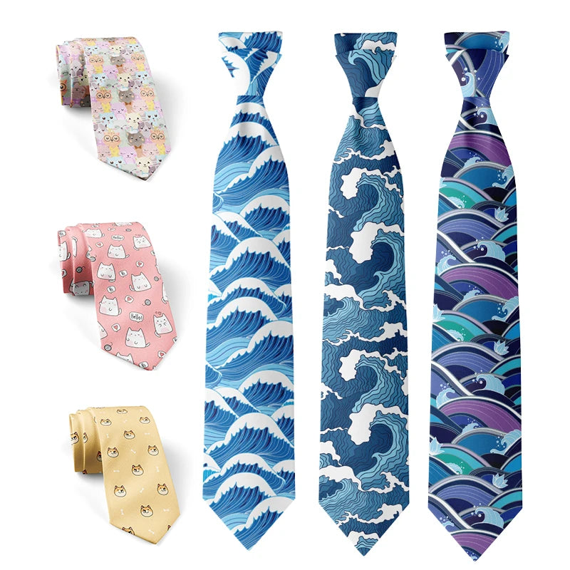 Fashionable Ukiyo-e Wave Print Tie Funny Small Animal Polyester Qme
