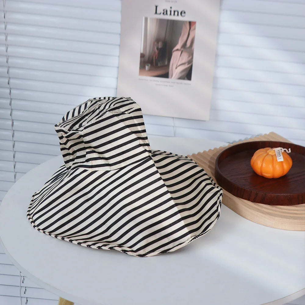 Simple Striped Bucket Hat Widened Brim Sunshade Foldable Beach Sun Cap Lightweight Cloth Roll Edge Fisherman Hat Vacation Qme
