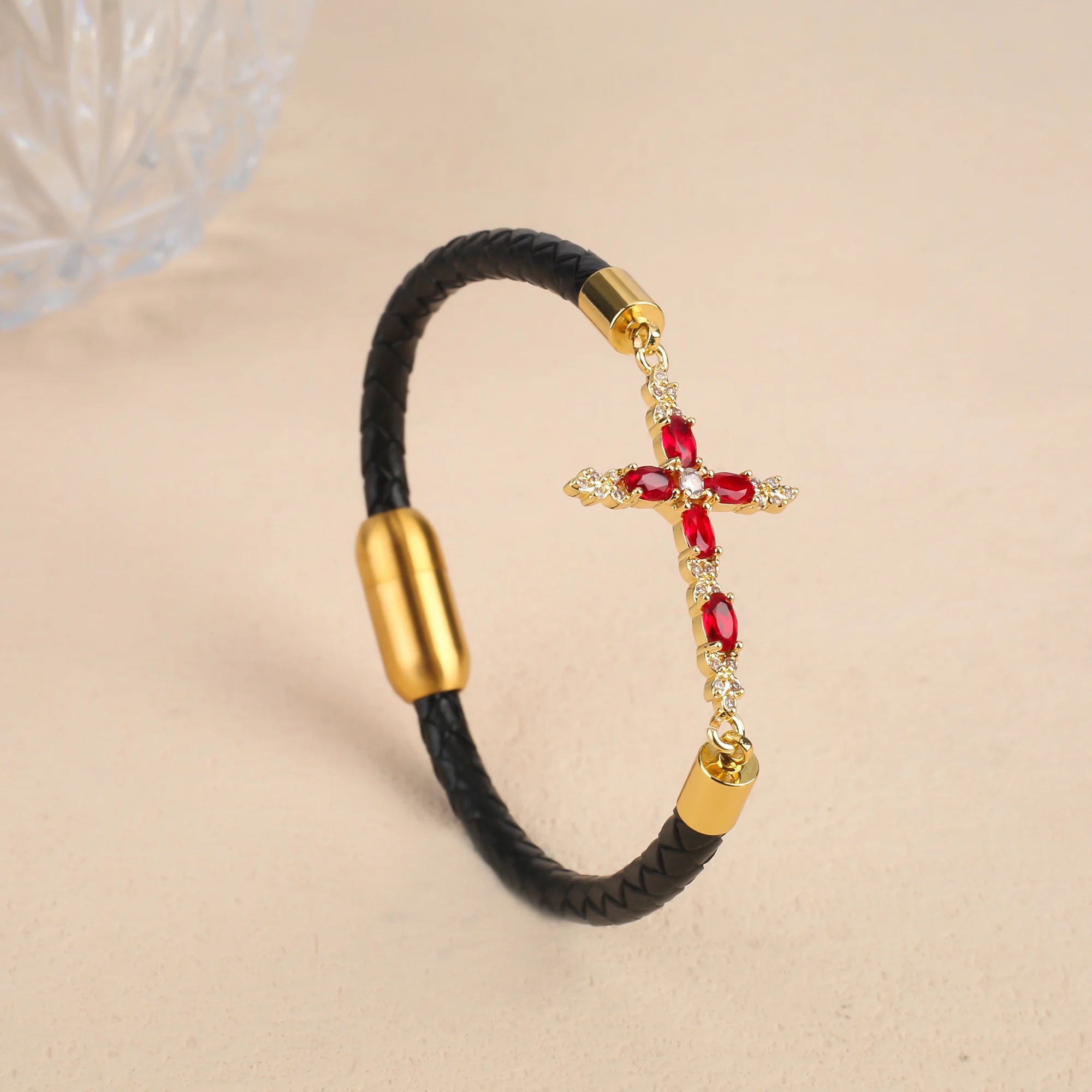 Classic Crystal Cross Leather Bracelet Fashion Religious Jewelry Stainless Steel Wrist Bangle for Couple Friendship Jewelry Gift Qme