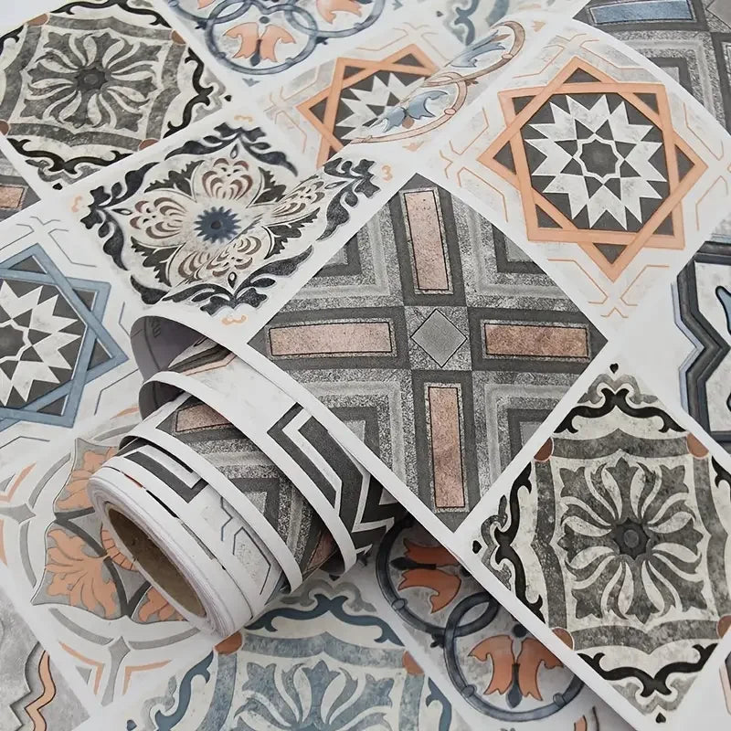 40cm Wall Stickers Big Roll Wallpaper DIY Oil-proof Floor European Style Tiles Bathroom Self-adhesive PVC Home Decoration Decor Qme oushige 40cmX3m