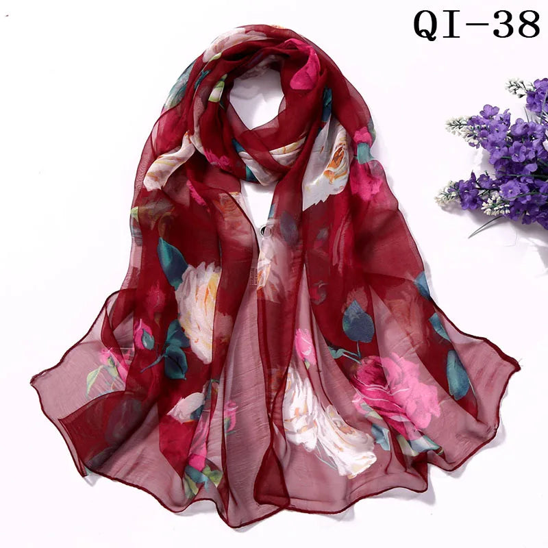 Painting Lotus Beach Sun Protection Chiffon Georgette Scarf Women Foulard Scarf Shawls Female Long Wraps Beach Sunscreen Hijab Qme QI-38