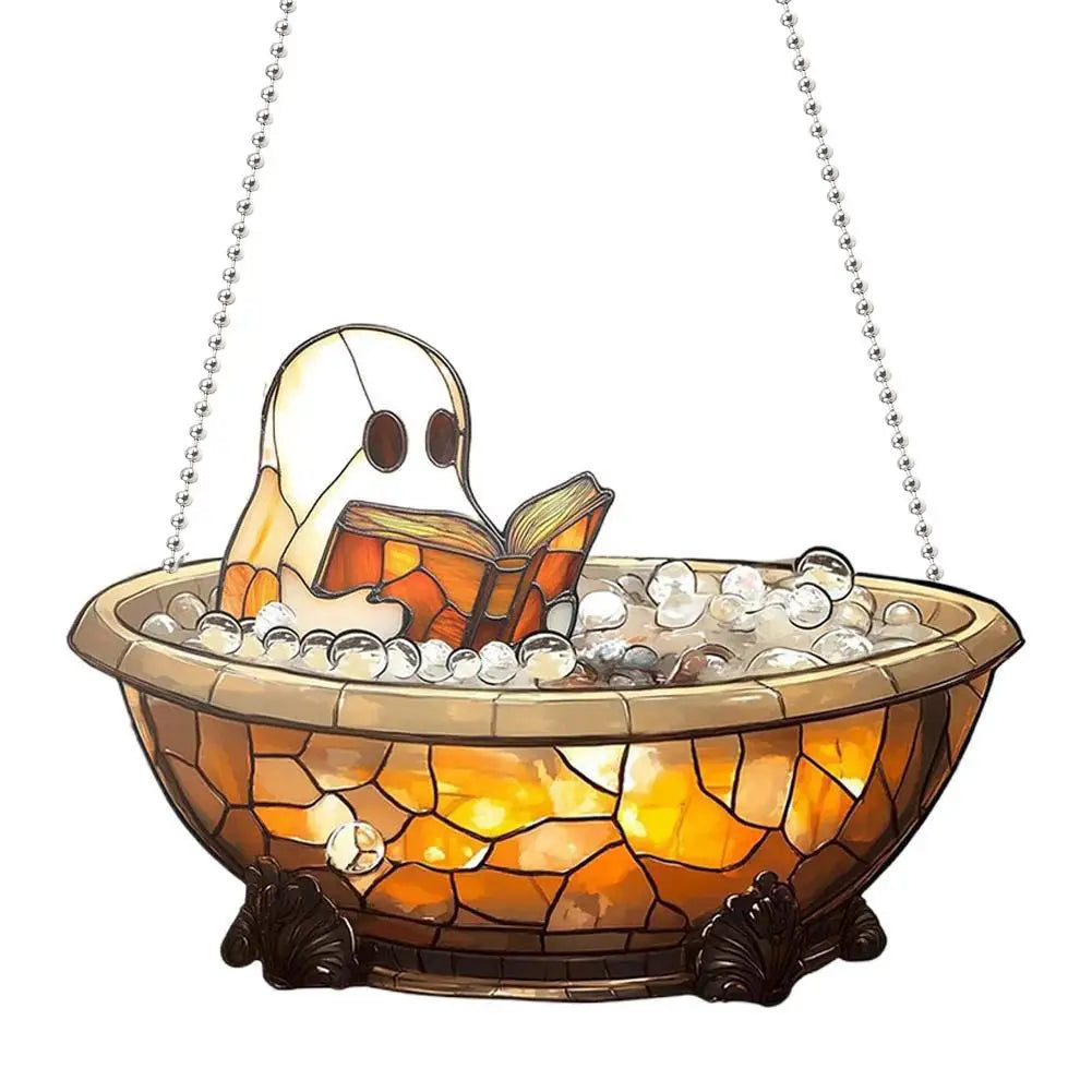 2D Halloween Ghost Reading Book Suncatcher Hanging Decor Acrylic Window Hanging Ornament Colorful Shadow Home Decorations Qme F