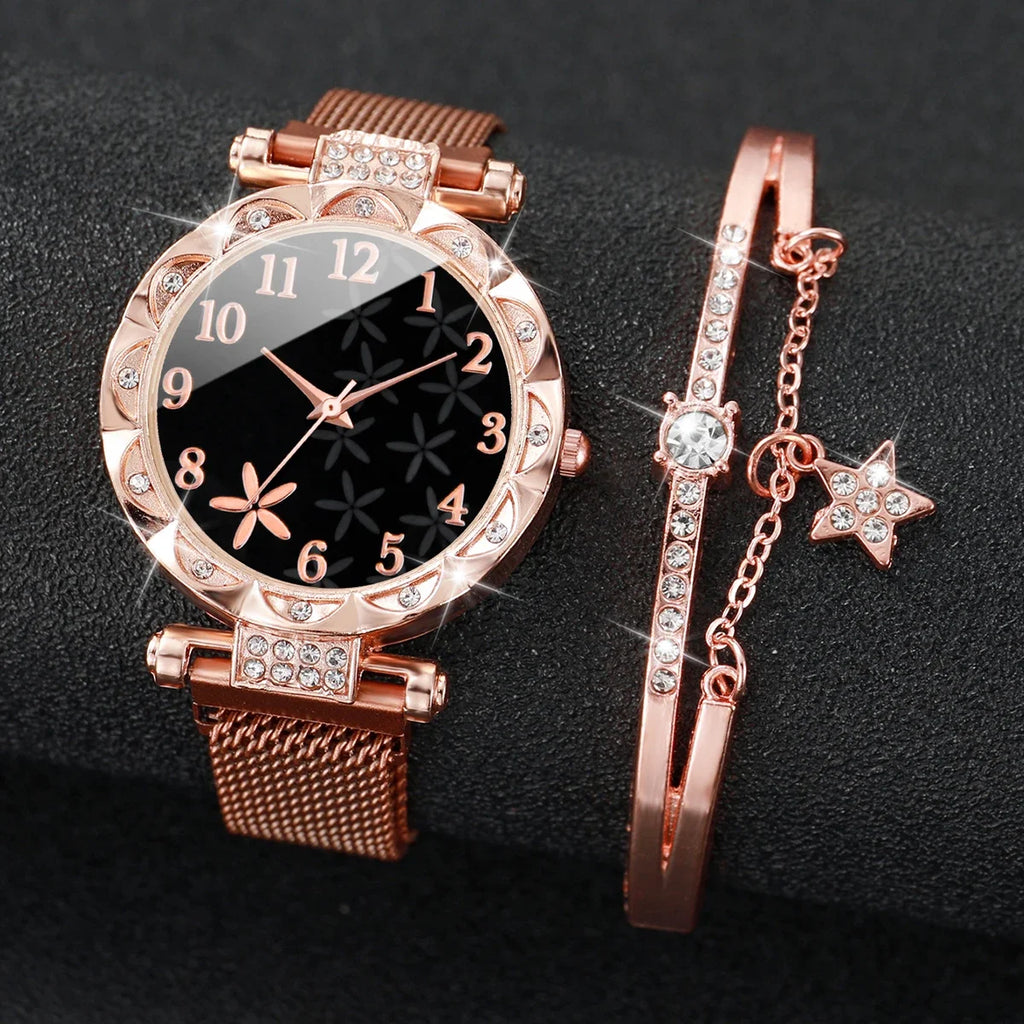 2 pçs/set moda flor dial relógio feminino ímã fivela malha banda relógios de quartzo estrela pulseira conjunto (sem caixa) Qme Star style