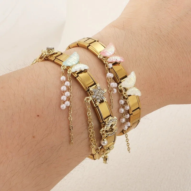 New Shiny Snowflake Zircon Pearl Tassel Chain Italian Charm Links Fit 9mm Stainless Steel Bracelet Women Jewelry DIY Making Gift Qme