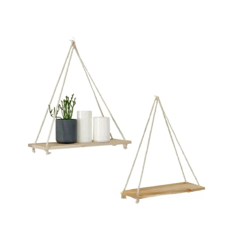 Boho Style 2 Piece Floating Shelves - Wooden Wall Hanging Storage Shelf Set for Potted Plants & Decor, Versatile Log Material, Qme