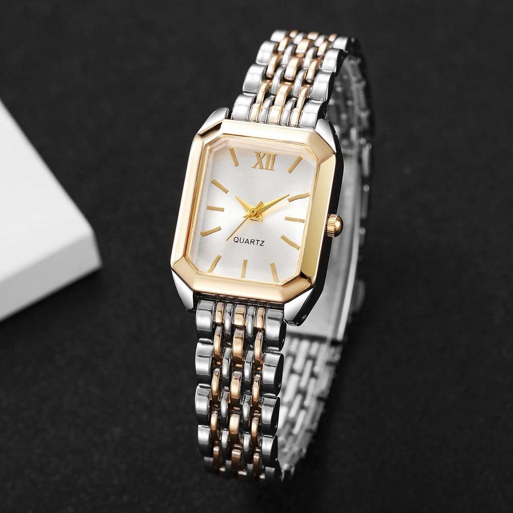 Hot Sale 2Pcs Women's Watch & Bracelet Set, Two-Tone Square Quartz Watch + Rose Gold Infinity Bracelet, Elegant Style Qme