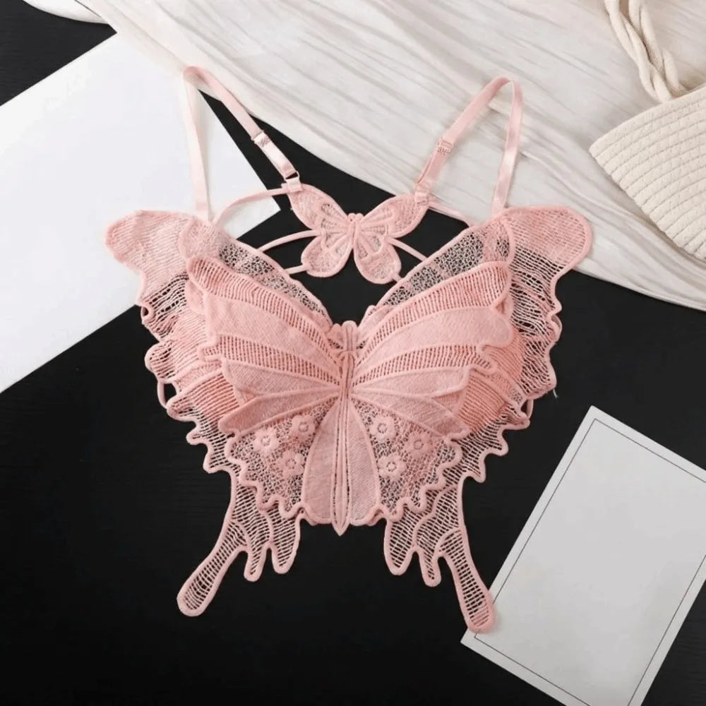 Sweet Backless Butterfly Bras Slim Fit Padded Lace Camisole Flower Qme Pink 32-36AB One Size