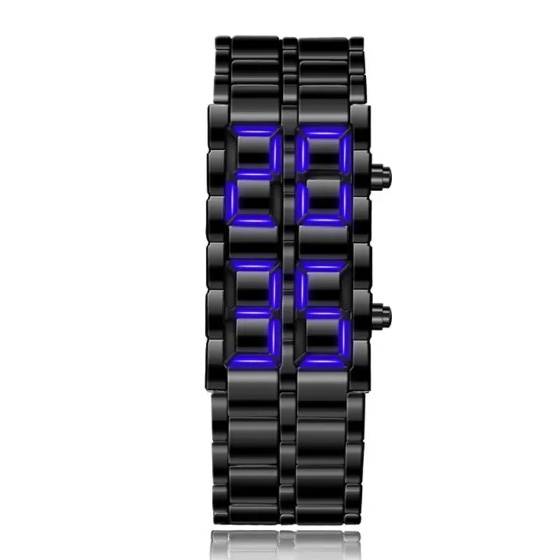 Relógio de pulso digital Lava masculino, metal completo preto, display LED azul, relógios masculinos, presentes para homem, Qme