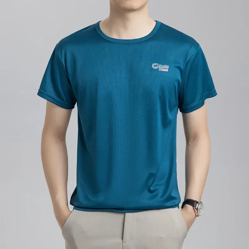Summer Ice Silk T-shirt Men's Cold Short Sleeve O-neck Stretch Quick-drying Breathable Sports Shirt T Shirt Men Qme KL M