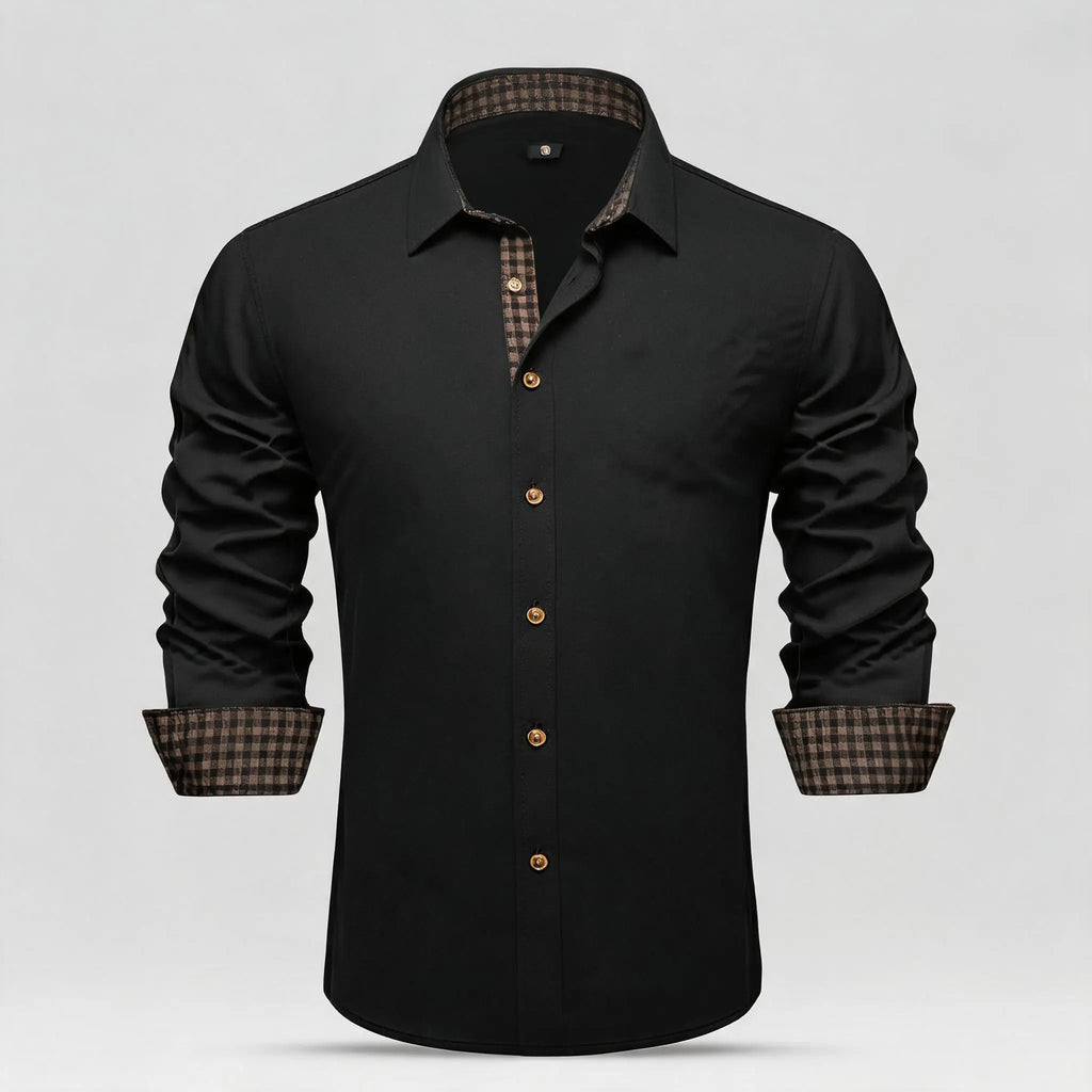 Soft Solid LS Plaid Collar Cuff Patch Shirts Black or Dark Gray Daily Office Casual Button Wear Tops Qme