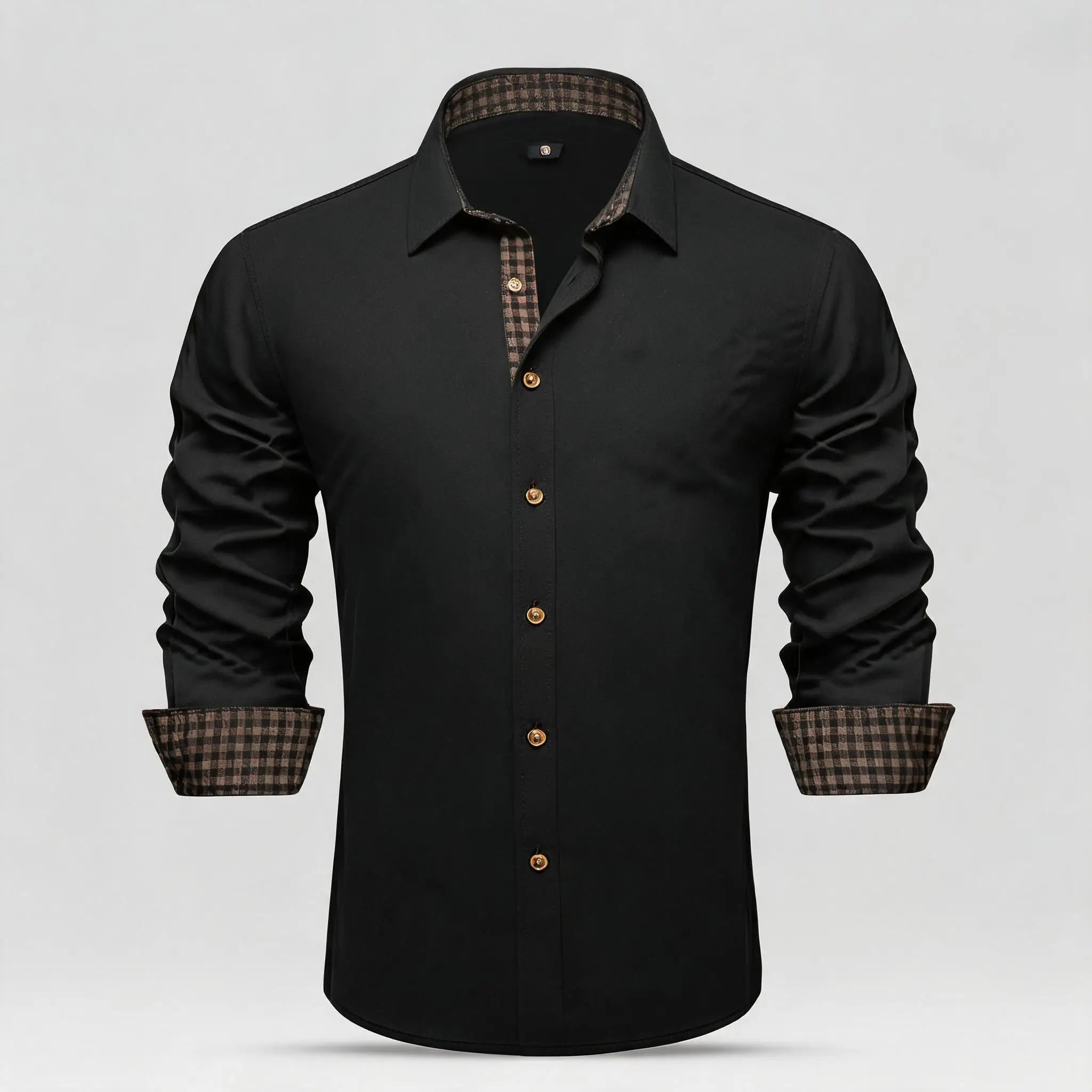 Soft Solid LS Plaid Collar Cuff Patch Shirts Black or Dark Gray Daily Office Casual Button Wear Tops Qme