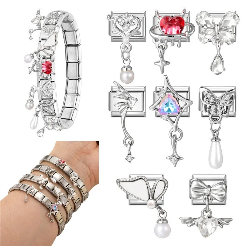 Shiny Colorful Zircon Butterfly Heart Planet Italian Charm Links Fit 9mm Stainless Steel Bracelet Women Jewelry DIY Making Gifts Qme