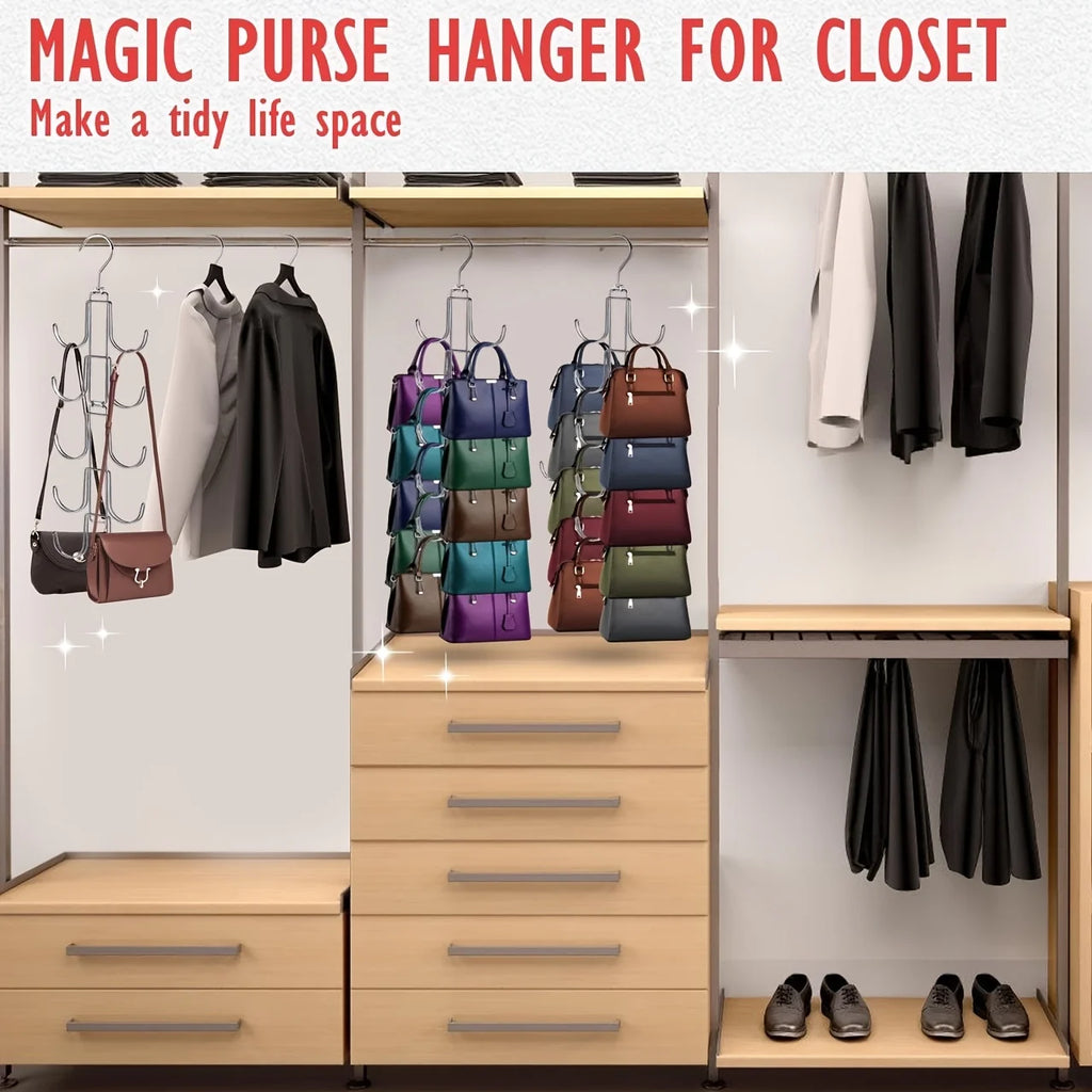 Foldable metal handbag hanger, 360-degree rotating space-saving storage device, suitable for storing items such as handbags Qme