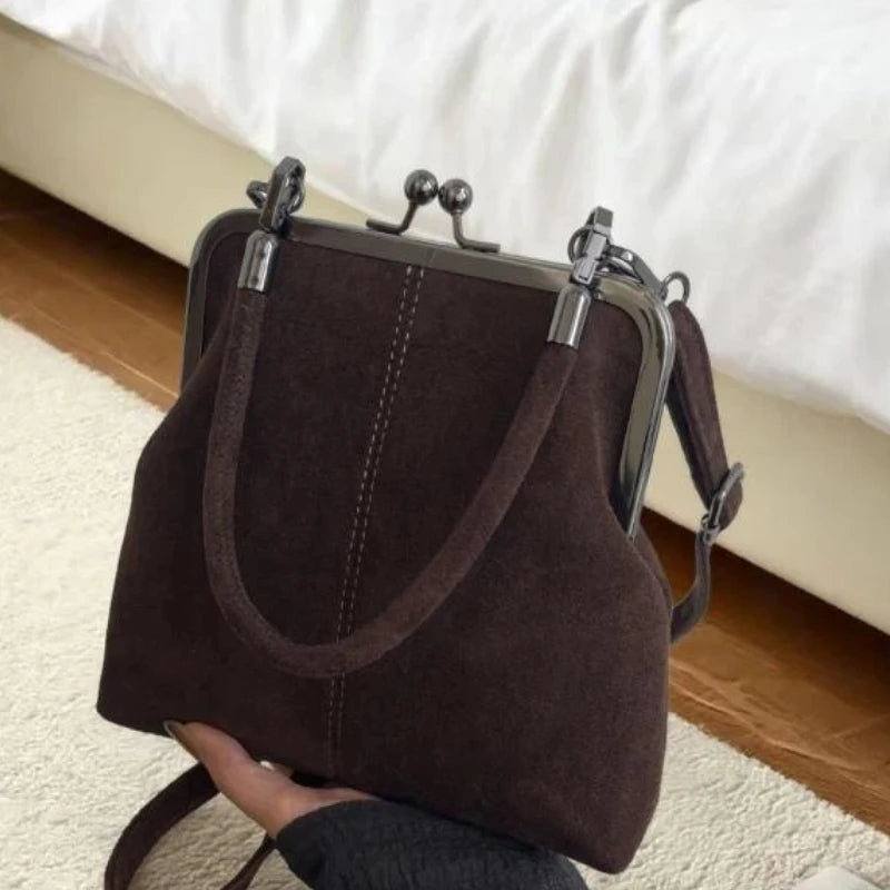 Large Capacity Retro Frosted Handbag Lock Short Handle Leather Crossbody Bag PU Clip Closure Clutch Shoulder Bag Qme A5