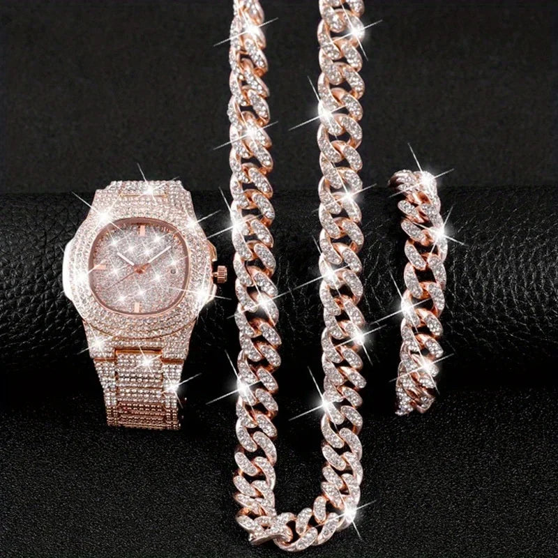 Quartz Watch Fashion Luxury Diamond Set Quartz Watch Business Style Large Dial Men's Watch Watch+Hip Hop Chain Qme Rose Gold No