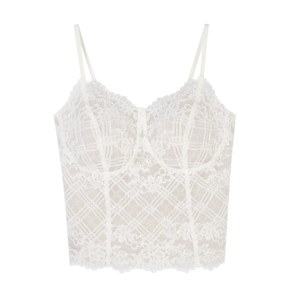 Fashion Fishbone Lace Camisole Transparent Slim Fit Corset Hollow Qme Skin White XL