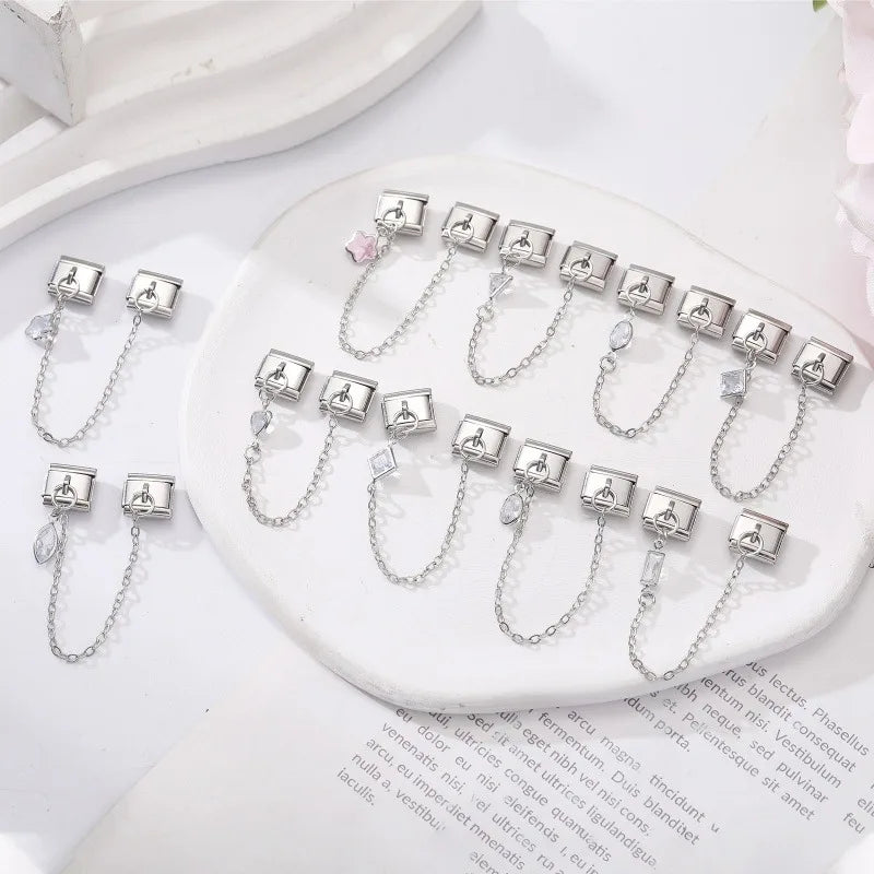 New Glitter Oval Butterfly Star Multielement Chain Tassel Pendant Italian Charm Link Fit 9MM Stainless Steel Bracelet DIY Making Qme