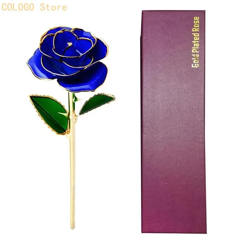 24K Plated Gold Dipped Rose Dried Flower Box Dispaly Stand Qme Blue CN