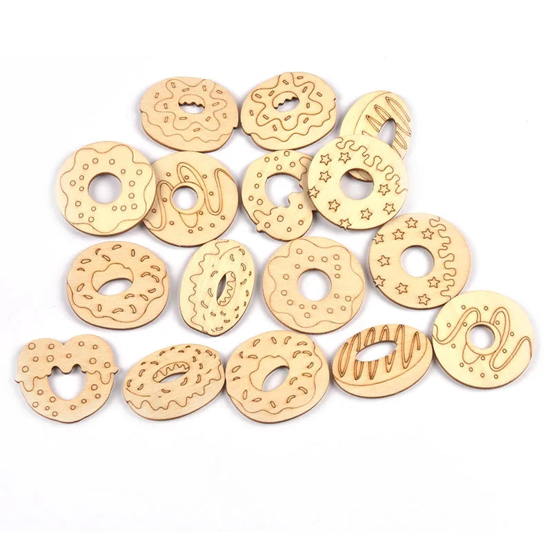 25Pcs 4cm Mix Doughnut Pattern Natural Wooden Oranments Handmade Supplies Wood Crafts DIY Kid Party Scrapbooking Art Decor C3499 Qme