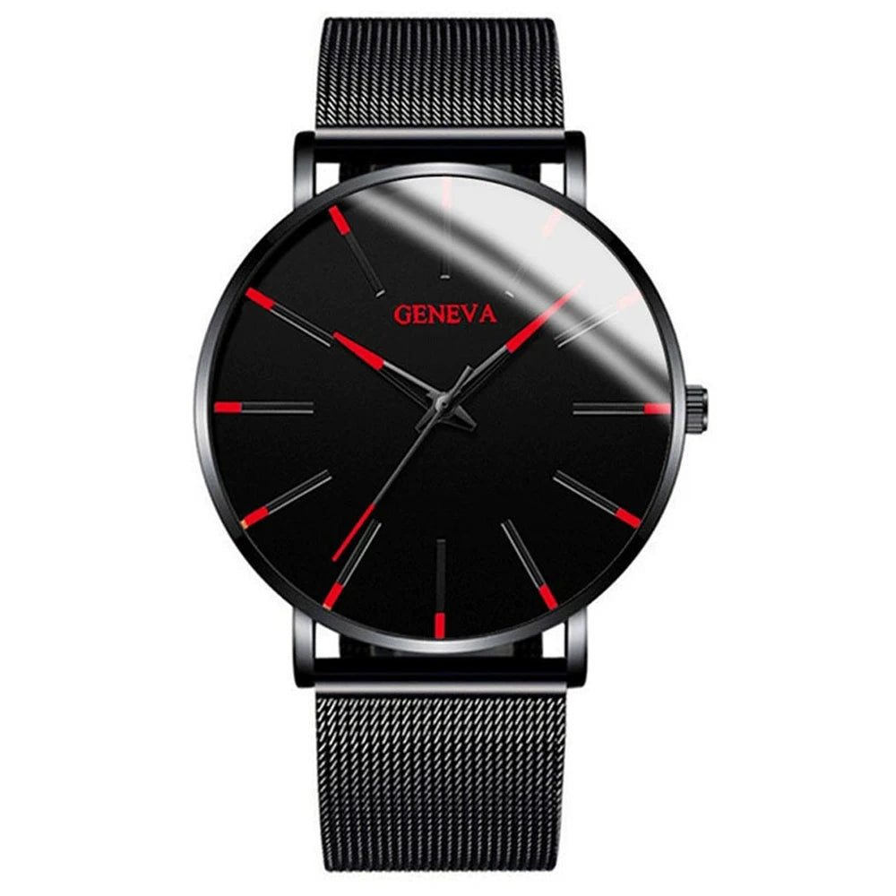 1PCS Geneva Men's Watch Fashion Blue Needle Quartz Watch Simple Business Mesh Belt Watch Qme